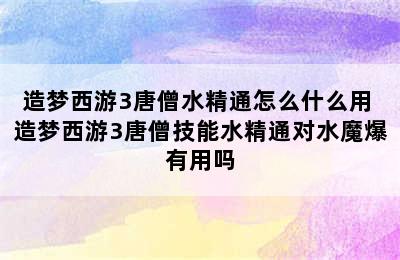 造梦西游3唐僧水精通怎么什么用 造梦西游3唐僧技能水精通对水魔爆有用吗